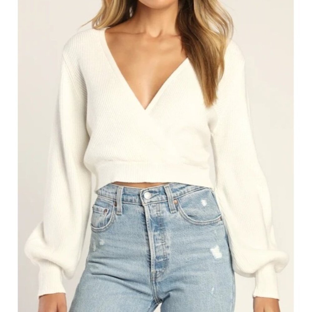 Lulus Fit For Fall Ivory Surplice Balloon Sleeve Sweater Sz Medium Womens Ivory